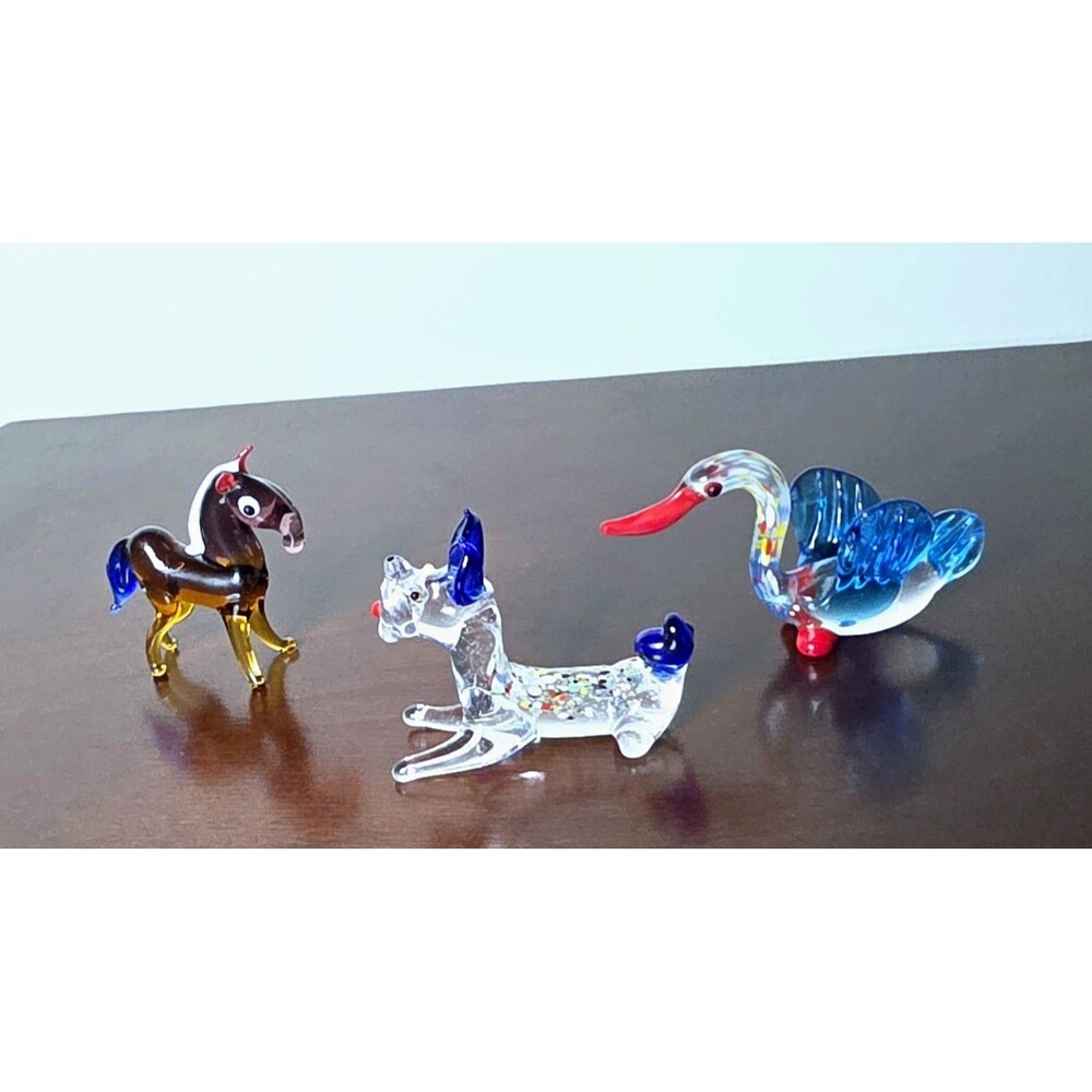 Vintage Hand Blown Glass Mini Animal Figurine Set Horse Dog Goose Decorative